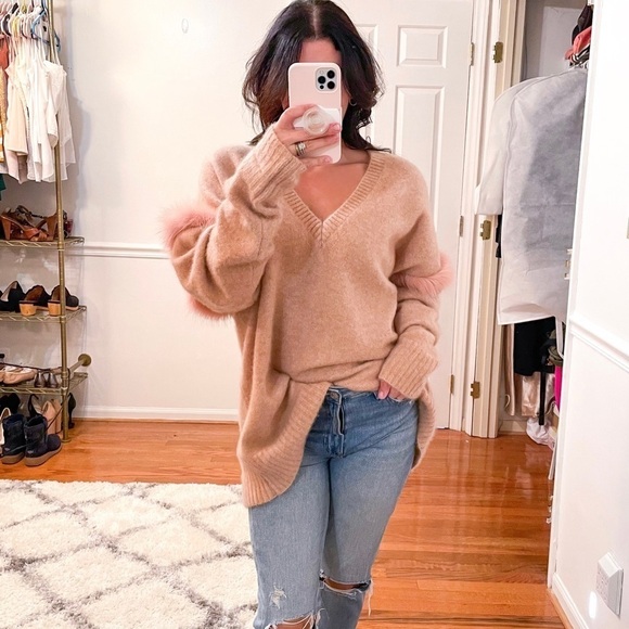 LAPOINTE Fox Fur Trim V Neck Cashmere Silk Pullover Sweater M/L - Picture 3 of 11